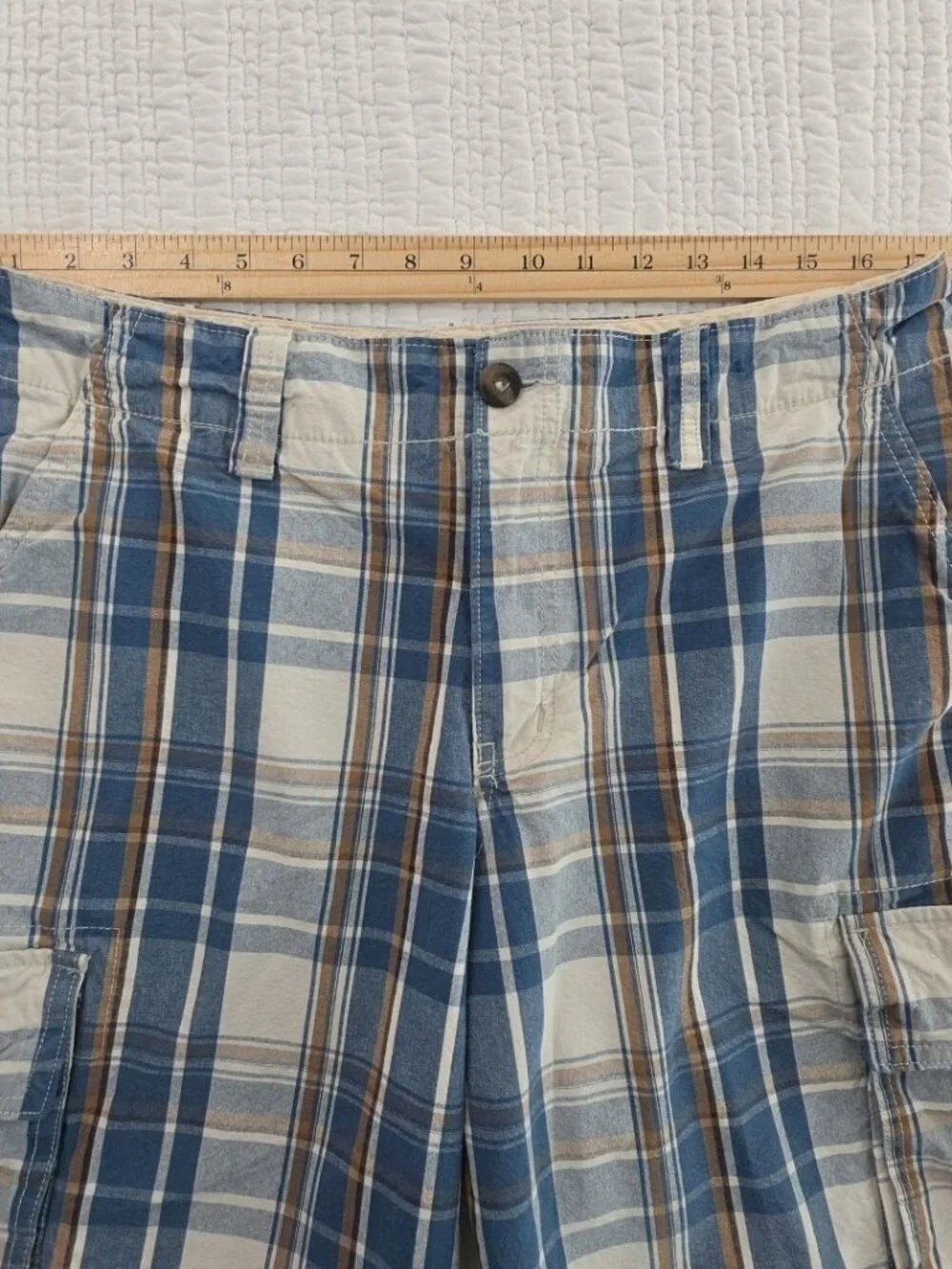 Mossimo Supply Cargo Shorts Mens 34‎ Blue Plaid 100% Cotton 6 Pockets 10